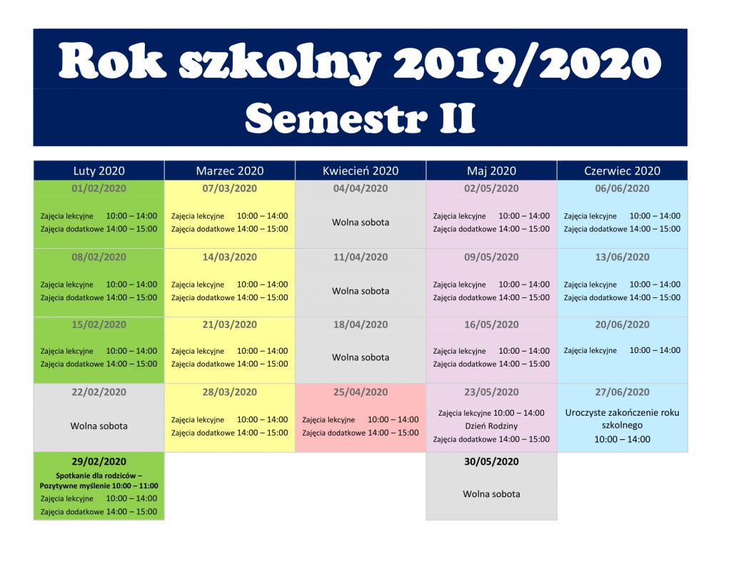 Kalendarz zajęć szkolnych 2019 – 2020 – Polska Szkoła Sobotnia